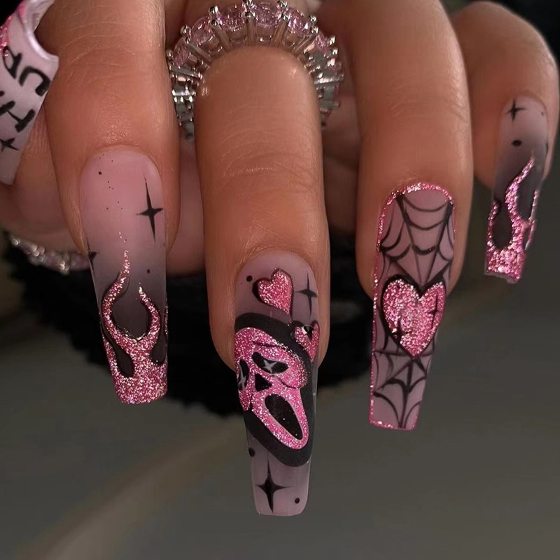 Nail Art Gliter - 24 faux ongles à paillettes roses,