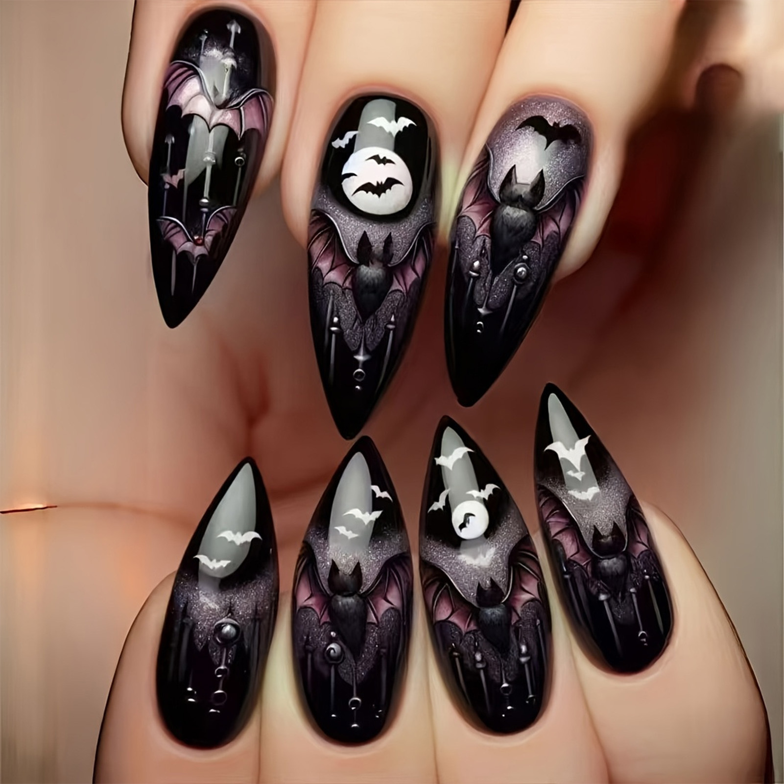 Nail Art Aesthetic - 24 faux ongles d'Halloween noirs en