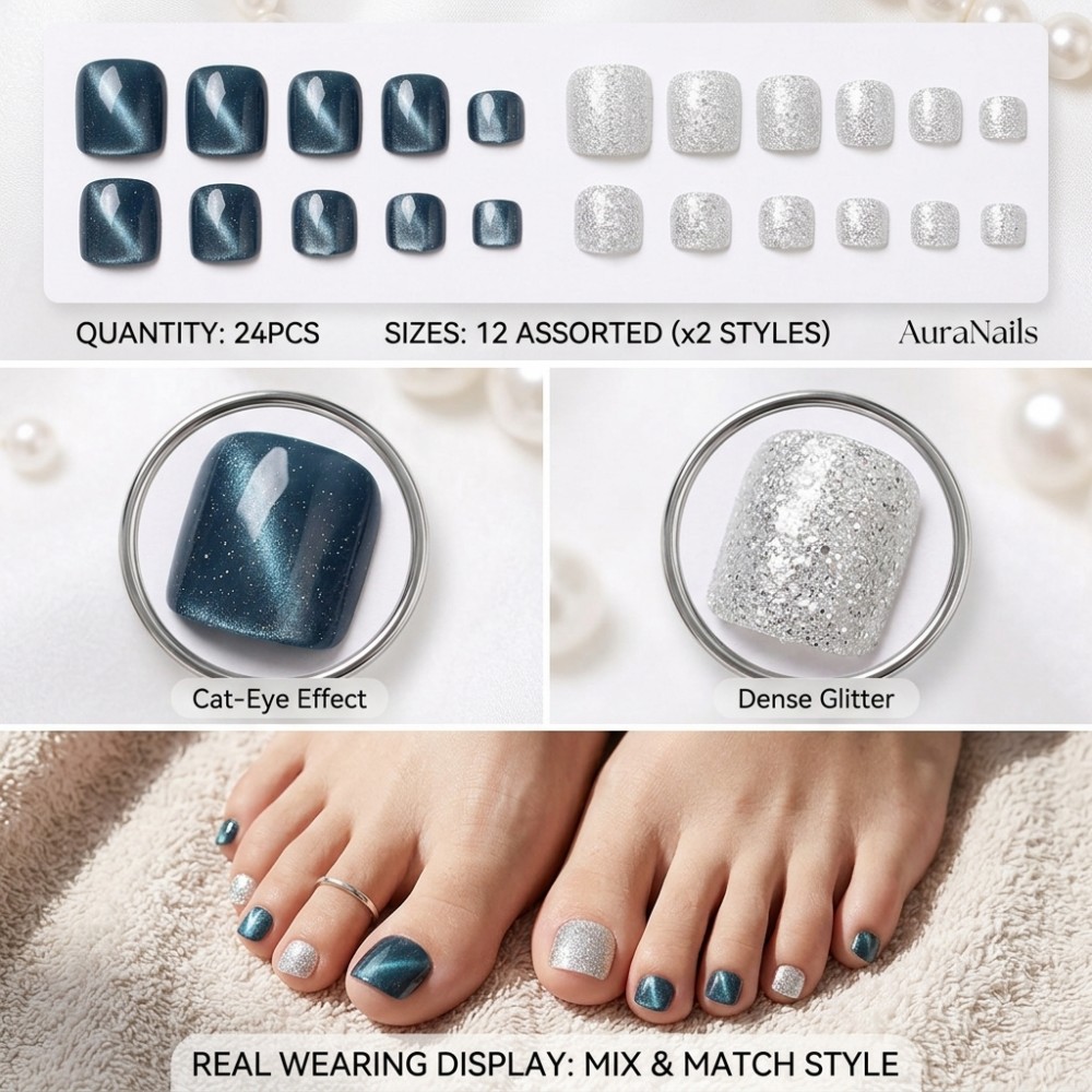 24 faux ongles de pieds carrés - Nail Art Gliter avis et prix